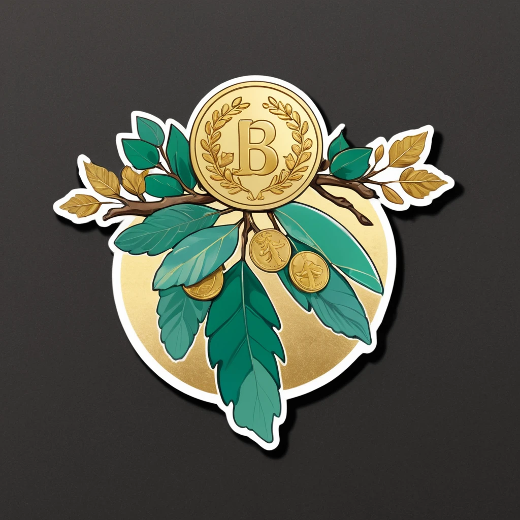 1sticker，a sticker， Nikkaze，（A tree full of gold coins），(Brilliant décor)，（Fortune cicada），（Traditional coats of arms），gold coins，Golden branches and jade leaves，Background brushstrokes in ink style，water ink， white backgrounid， nothing background， simple backgound， dk， badges，logo， pastel colour， vectorstyle， no gradien
