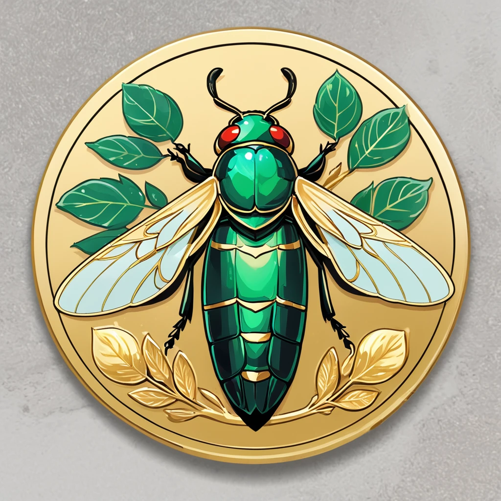1sticker,a sticker, Nikkaze,(A tree full of gold coins),(Brilliant décor),(Fortune cicada),(Traditional coats of arms),gold coins,Golden branches and jade leaves,Background brushstrokes in ink style,water ink, white backgrounid, nothing background, simple backgound, dk, badges,logo, pastel colour, vectorstyle, no gradien