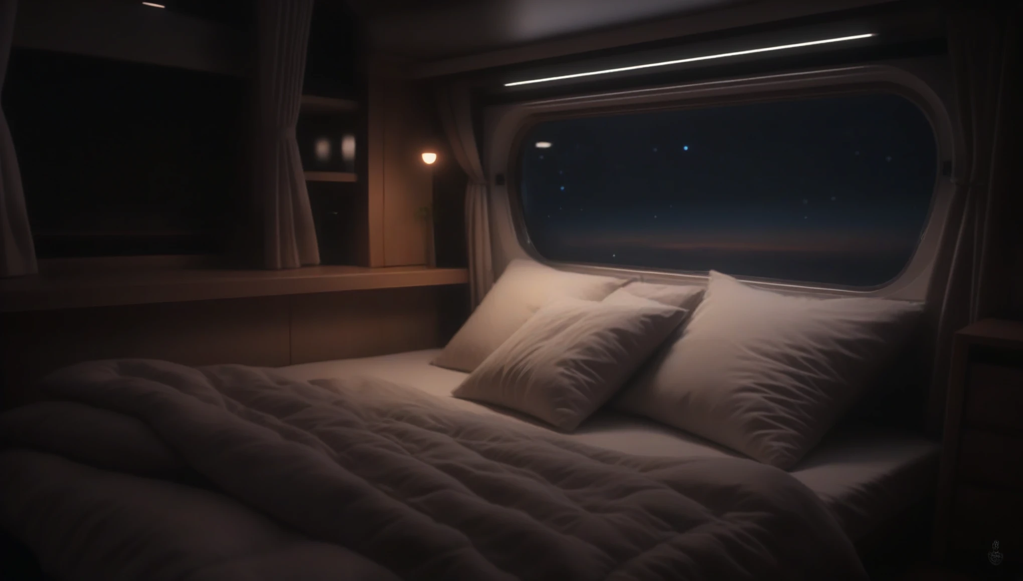 there is a bed with pillows and a blanket in a small room, dimly lit bedroom, comfy ambience, cozy environment, cozy bed, comfy lighting, lit in a dawn light, bed on the right, night fill lighting, cozy setting, cozy atmospheric, dramatic ambient lighting, ambient lighting at night, dim bedroom, cozy and peaceful atmosphere, bright ambient lighting