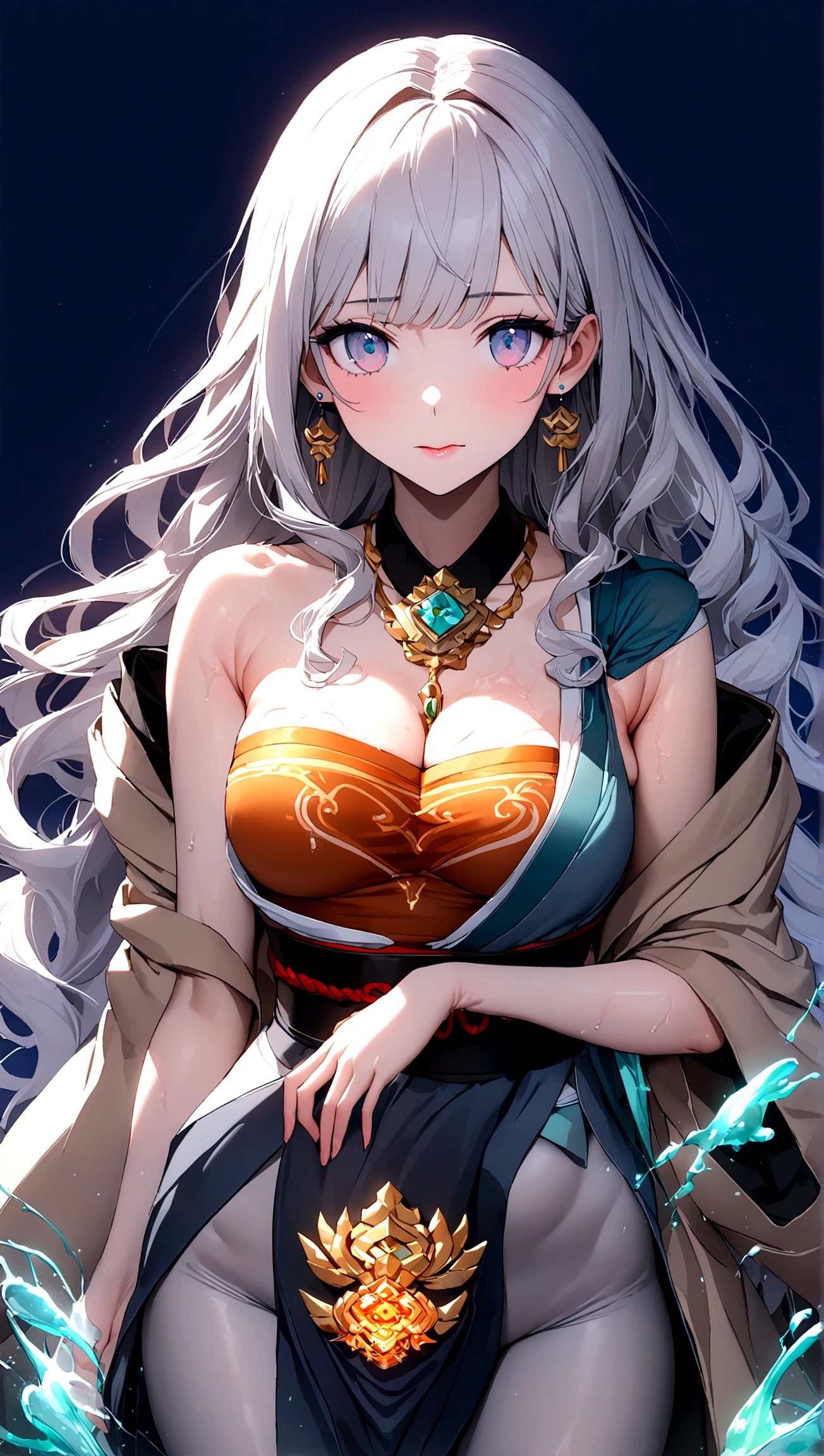 ((Highest quality, 8K, masterpiece:1.3)), concentrate: 1.2, Perfect body beauty: 1.4, Hips: 1.2, ((Long Hair, chest: 1.2)), (Dry clothes: 1.1) , (clear, Simple Background:1.3), Simple clothes: 1.1, Highly detailed face and skin texture,Delicate eyes, double eyelid, Whitened skin, Rough skin、Long Hair、Earrings with bangs、necklace、 solo、Beige coat、White shirt, (((Beautiful girl with cute Japan)))、 ((Beautiful Japanese girl 20 years old))、 ((Baby Face))、 (((Slender body)))、 Upper Body,Face focus、necklace,Simple Background,From above, Realistic Hair、 A photograph was taken:Canon EOS R6、135mm、1/1250 seconds、f2.8、ISO400、(Detailed explanation of the hand)、(Masseter muscle area)、(Exquisite CG)、Long Hair, loose and curly hair、Korean Hair、Long Hair明るいベージュ色、グラデーションハイライトグレージュのゆるふわLong Hairスタイル、Not wearing a bra, Sperm splashes on breasts