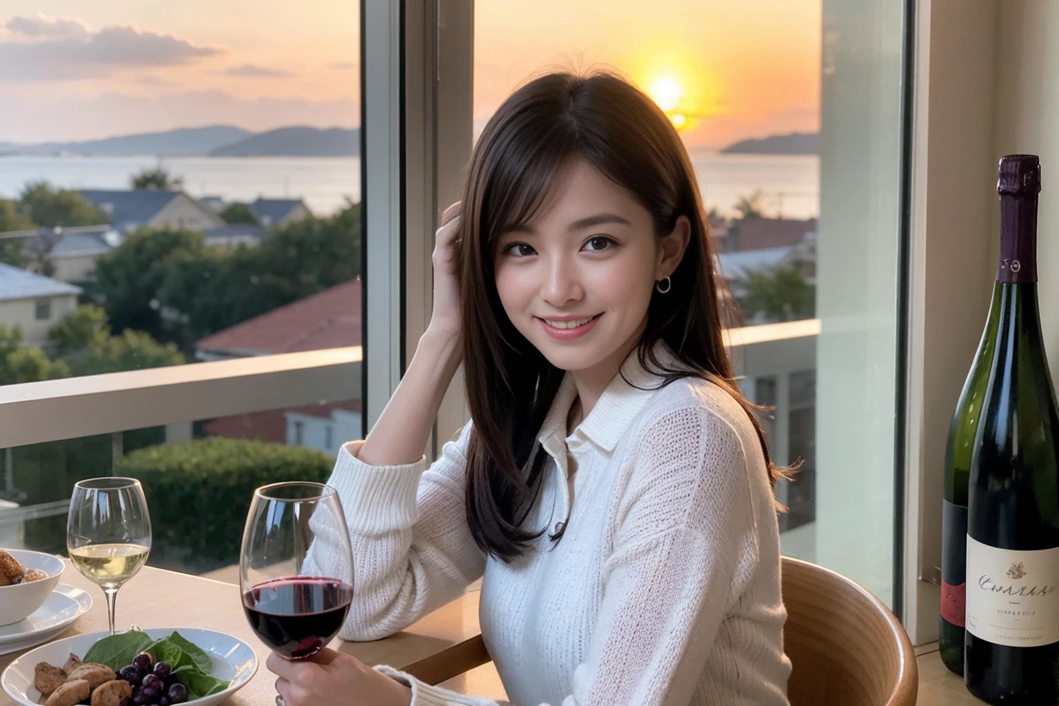((Highest quality、、masterpiece:1.3))、1 male 1 female、Rachel,37 years old 39 years old、Slim Beauty、Beautiful couple、Upper Body、smile、 (Slim face), (the body is スリム), (Brown Hair), (Shortcuts), テーブルのフルコースディナーとwine glass、Amazing view of the sunset sky and clouds、smileの美しさ、Wine bottle、sparkling wine、Long sleeve shirt、dress、White wine, red wine, wine glass, Beautiful fine grain, Depth f/2,saturation, High Contrast, Strong light and shadow,Moist Body:1.5、3D texture、The hair is very shiny、