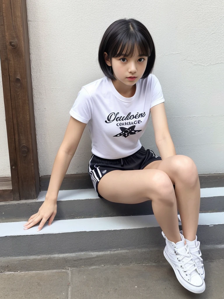 Highest quality, masterpiece, Ultra-high resolution, (Realistic:1.4), Raw photo, Very detailed, Perfect Anatomy, One girl, 12 years old, The most famous Japanese idols, Cowboy Shot, View your viewers, ((ショートShorts)),Wearing a cute white T-shirt, Very cute face details like the most popular Japanese actresses, Very beautiful big black round eyes, Very beautiful black short hair details, Detailed and very beautiful realistic skin, Very beautiful hips, Very beautiful body with attention to detail, Very beautiful thigh details, (((Shorts))), Detailed white t-shirt with cute design,((((Full body image)))),(((sitting)))