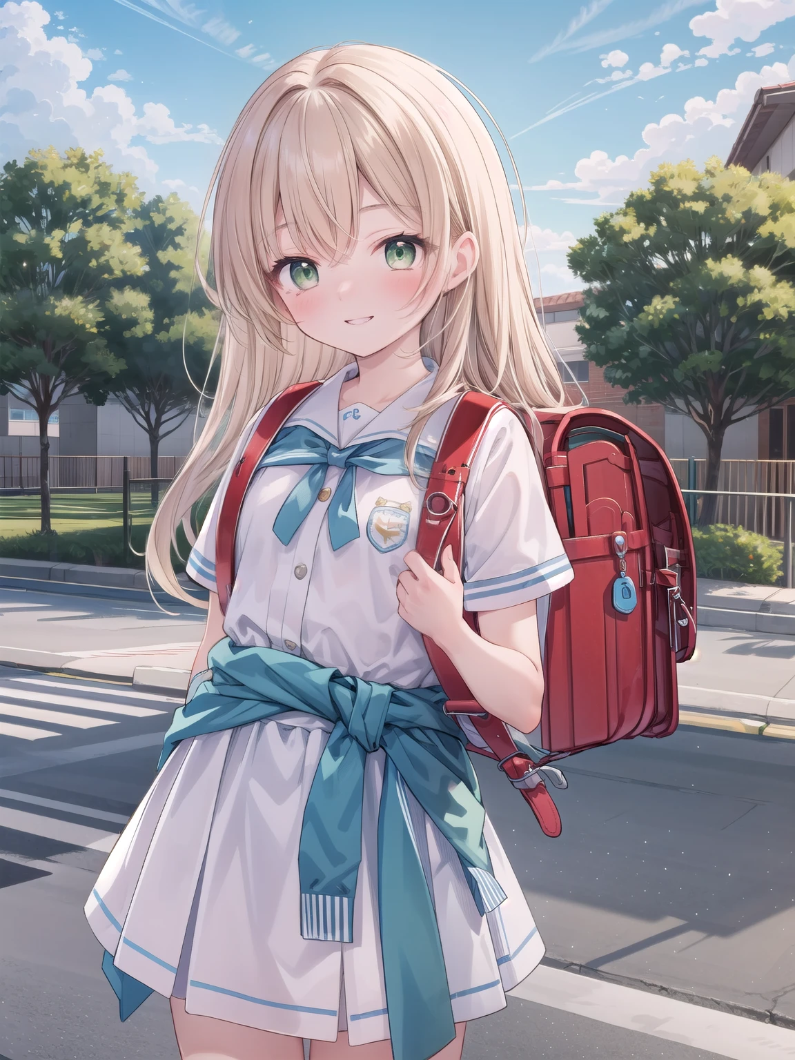 Masterpiece, hd, Brown, high school student, green eyes, long hair to the waist, elementary school student, white clothes, white miniskirt, kind smile, park, short, 20 years old, 160 cm tall, blue sky, red backpack, hair hanging outside