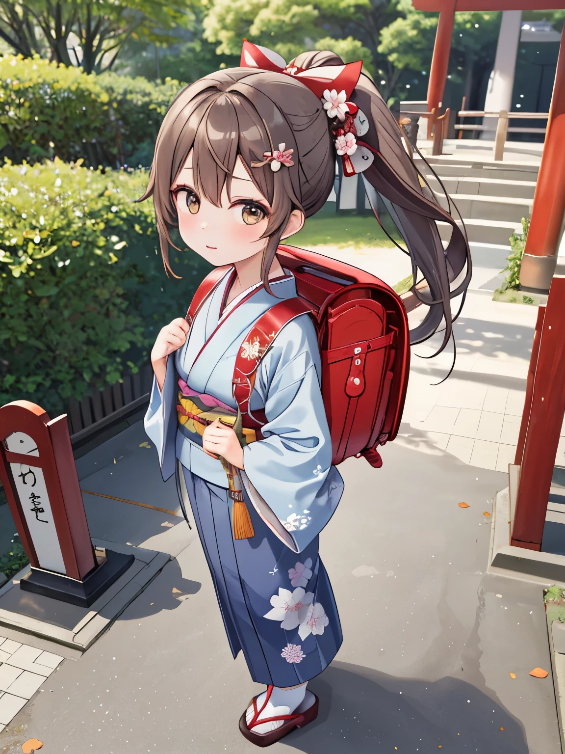 Masterpiecd, hd, , Portrait, Best Quality, High resolution, 1girl, brown hair, ponytail, hair ornaments, hair ribbon, carrying a school backpack、(school backpack:1.1), Wearing a Japanese kimono at a summer festival at a shrine, (kimono:1.1), outdoor, standing, full body
