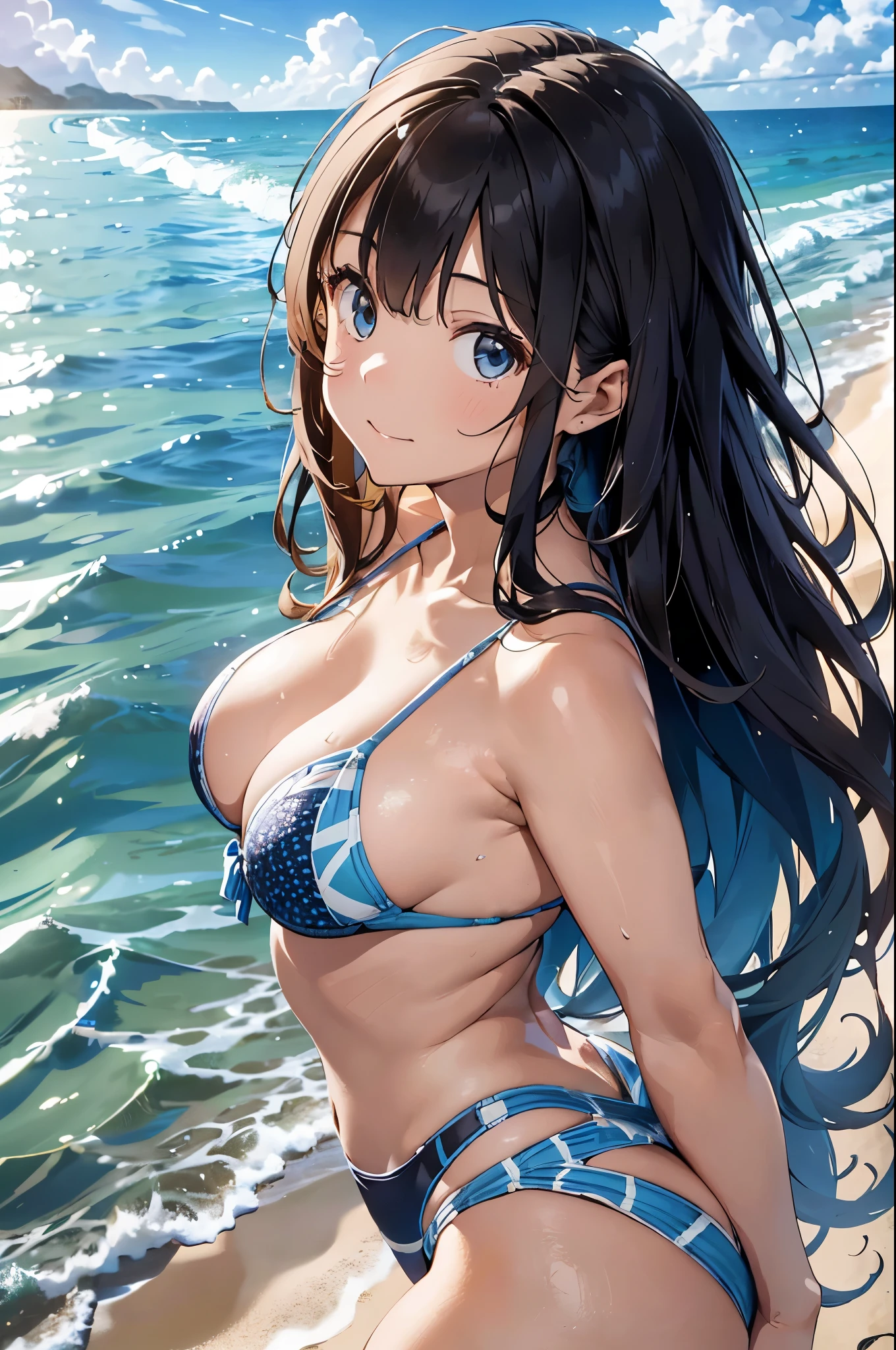 Below is a 2000 character detailed prompt:：

--- Very detailed, Realistic, high-resolution 4K image of a beautiful woman standing topless by the seaside. of woman is the main focus of the image, with every detail of her appearance meticulously depicted to emphasize her natural beauty and the artistic nature of the scene. She has been a long time, Flowing, Wavy hair cascading down the back, catching the sunlight and shimmering with natural highlights. Her skin is tanned, Give her health, Shining and contrasting beautifully with bright light, Behind her is a clear blue sky. 

Her eyes are expressive and captivating, reflecting the joy and warmth of a perfect summer day. She's gentle, warm smile that exudes confidence and contentment, inviting viewers to share in the serene and blissful atmosphere of the seaside. Her facial features are soft and harmonious, Her natural elegance enhances her charm..

of woman is standing confidently topless, emphasizing her natural beauty and the freedom of the summer beach setting. Her posture is relaxed yet calm., embodying a sense of ease and grace. Her shoulders are pulled back slightly, and her arms hang naturally at her sides, Her posture enhances her natural beauty.. of focus on her toplessness is tasteful and artistic, ensuring that the image remains elegant and sophisticated.

of background of the image features a stunning seaside landscape, With the clear blue sky stretching out endlessly, Fluffy white clouds scattered. of gentle waves of the ocean lap at the shore, creating a soothing and rhythmic backdrop that complements the tranquility of the scene. of sandy beach extends into the distance, with the golden grains of sand sparkling in the sunlight.

In the distance, a few beachgoers can be seen enjoying the sun and sea, Energize a tranquil atmosphere. of overall atmosphere of the image is bright, warm, and summery, Evoke feelings of joy, relaxation, and . of 