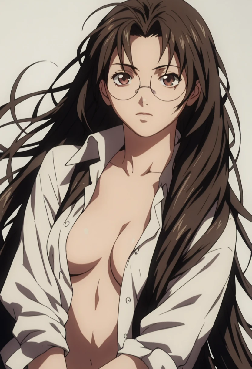 Sexy，Kaku Bunwa,Round frame glasses，Black long hair，Brown eyes，Open shirt，