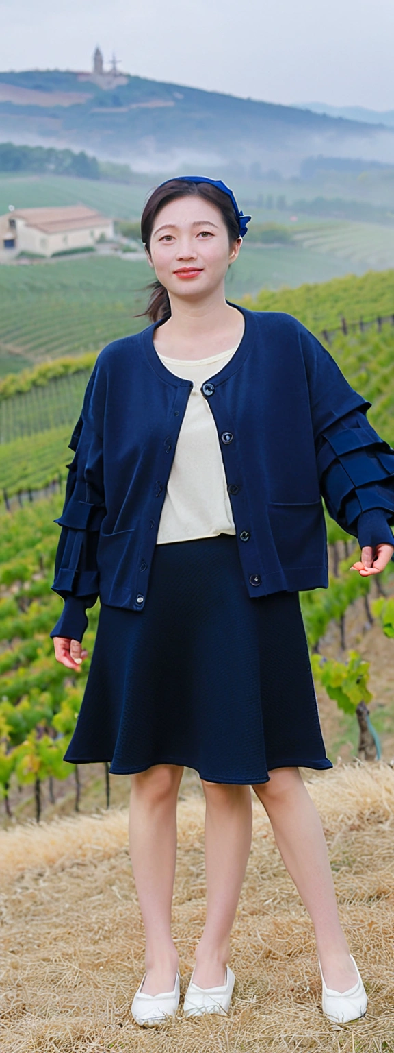 8k best picture quality, Beautiful 36-year-old Korean woman, You have good skin and big and pretty eyes... Chest size 34 inches, italian countryside, past the vineyard, The cathedral can be seen in the distance in the thick fog..., The background is realistic and vivid quality.., Short and medium hair blowing in the wind, I neatly wore a short, high-quality cardigan over a T-shirt that went up to my neck... beige casual pants, smile. the background is clear, Short and slim Korean woman, stand far away, Photo taken with a wide-angle lens, A woman with big and pretty eyes, eyes are round and big, Shot standing on a hill overlooking a vineyard covered in thick fog, Full body photo taken with Canon Mark 5 camera 16-35 wide angle lens