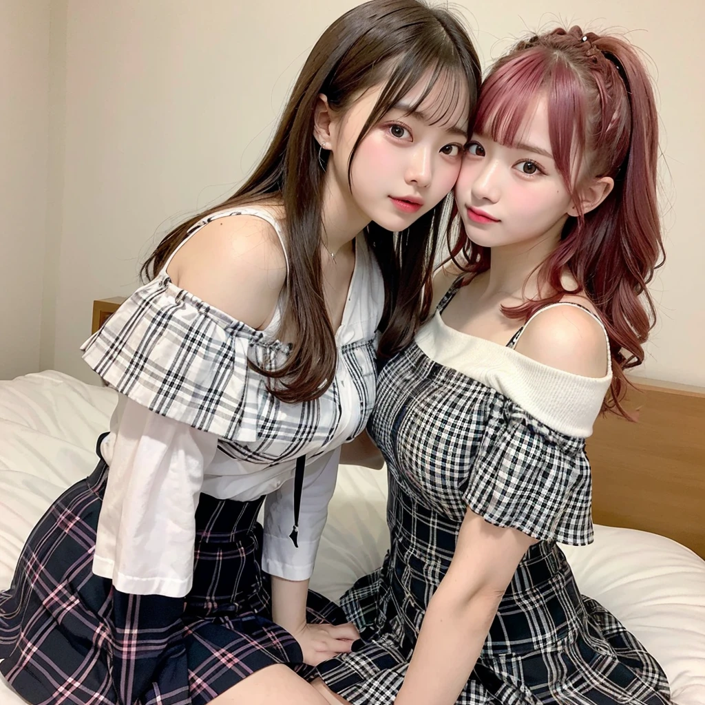 Two beautiful girls,high resolution, Top quality, Perfect dynamic composition, Off-shoulder,White plaid skirt,Pink Hair,on the bed,Braiding,High School Students,kiss,Suspenders