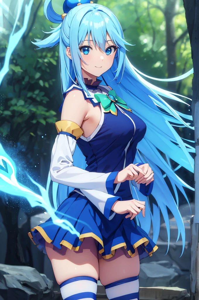 (masterpiece:1.3), (best quality:1.1), (8k, ultra detailed, ultra high res:1.2), ((anime style)), perfect 5 fingers, perfect anatomy, 
1girl,
Aqua \(konosuba\),
long hair, single hair ring, 
blue hair, 
(blue eyes:1.2), (beatiful detailed eyes:1.2), smile, dynamic pose, heart hands, ((mystical atmosphere)), 
green bow, 
medium breasts, 
BREAK blue shirt, blue skirt, white thighhighs, bare shoulders, detached sleeves, 
looking at viewer, 
cowboy shot, 
standing, 
natural light, 