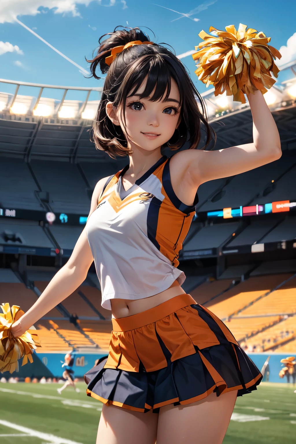 very cute and beautiful cheerleader girl,(highly detailed beautiful face),(holding pom poms:1.1),(smile:1.3),happy,
(stadium stands),cowboy shot,dynamic pose,(sleeveless orange cheerleader shirt),beautiful legs,
looking at viewer,black hair,hair band,
(best quality,masterpiece),absurdres,highres,ultra-detailed,extremely detailed,32k,8k resolution,
intricate details,cinematic scene,detailed background,solo,dynamic angle, hair fluttering in the wind,beautiful detailed sky,