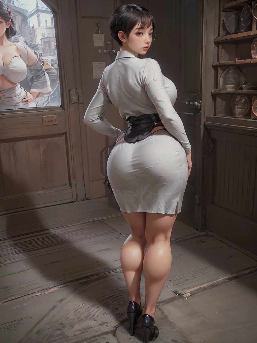 Composition from behind、28 years old,1 Japanese female,((1Strictly adhere to a structure that allows names to be taken))((On all fours))((Turn your butt towards the viewer))(((Arch your back to accentuate your buttocks))(((Showing the audience your ass crack)))(((Wear glasses)))((Wearing a white dress shirt))((Her breasts are popping out of her shirt))(((She is wearing a light gray flared skirt.........)))((Small Ass)((Pay attention to the butt))(Big Breasts)(Large Breasts),(Beautiful breasts)(Moderately voluptuous body)(Black pixie cut hair),(Best image quality, (8K), Ultra-realistic, 最high quality, high quality, High resolution, high qualityの質感, Attention to detail, Beautiful details, Fine details, Highly detailed CG, Detailed Texture, Realistic facial expressions, masterpiece,(Wear glasses:1.1) (((Accentuates curves from hips to waist)))(((Photograph the whole body)))