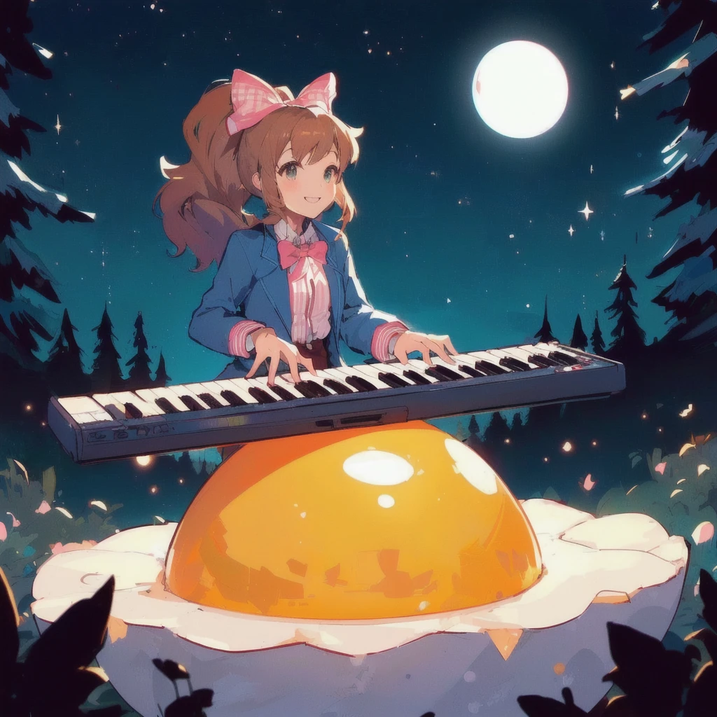 Anime girl playing keyboard under the moonlight on a giant egg, smile,Celeste&#39;s Madeline, Official Artwork, Lofi Art, 80s anime style,official Fan art, Lo-fi Girl, nodded, lofi album art, Promotional Art, Fan art, high quality Fan art, Background artwork, Official Art, Lofi Artstyle, Synth feel, High quality artwork, Chill Hop, Portrait of Rofi