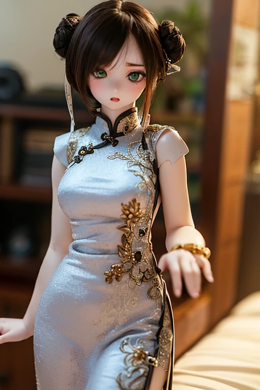 (SFW:2), photorealistic, realistic photo, 8k, ((highest quality)), ((masterpiece)), (extremely detailed), kukolnydom, doll, 1girl, 18yo, 18 years old, solo, ((cowboy shot, stylish pose, navel, thighs)), (skinny, slender, slim, light smile, parted lips), green eyes, brown hair, double buns, (looking at another, gradient eyes, shining eyes, detailed eyes, detailed face:1.3), china dress, qipao, chinese room