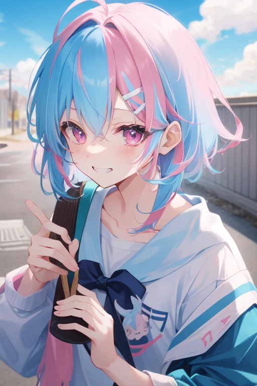 messy hair、sky blue hair, pink streaked hair、girl、 School girls、evil grin、pixie cut