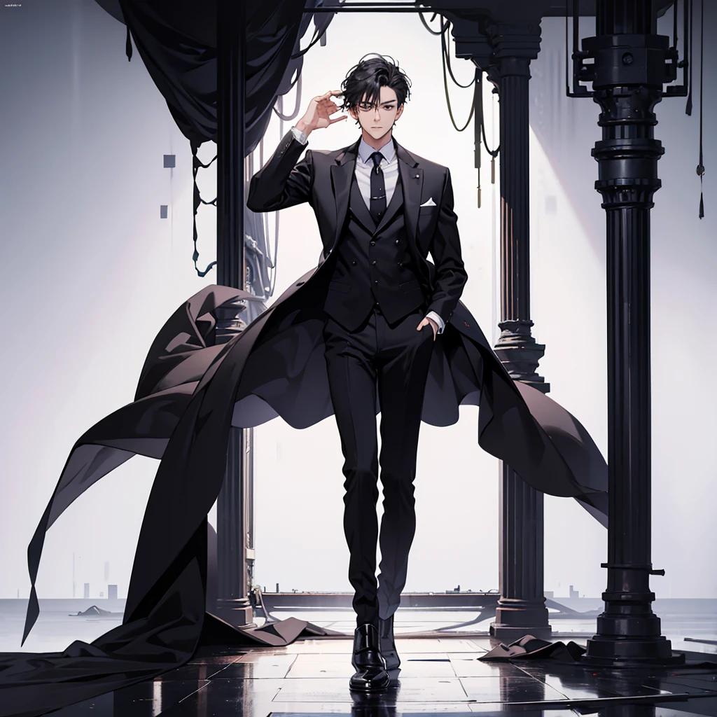 masterpiece, best quality, one man, black suit, full body, standing, simple background,