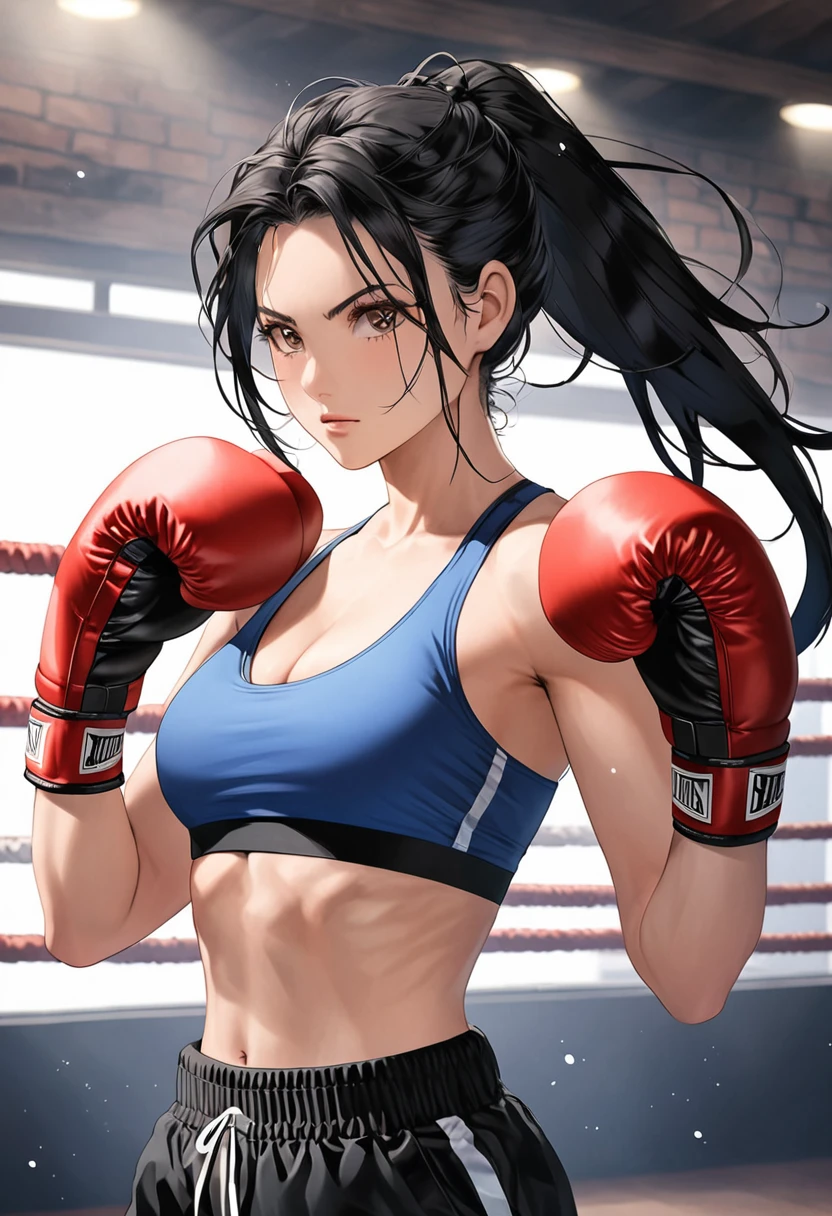 Women boxer, handsome face, sports bra, boxing gloves, long black hair, toned, long black pants, boxing stance
