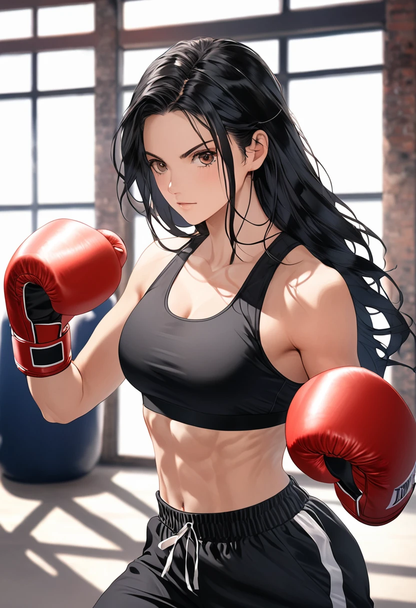 Women boxer, handsome face, sports bra, boxing gloves, long black hair, toned, long black pants, boxing stance