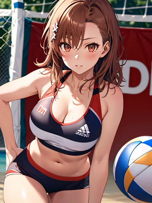 Beach Volleyball, (masterpiece), highest quality, Misaka Mikoto, 1girl, uhd, retina, masterpiece, ccurate, anatomically correct, textured skin, super detail, high details, high quality, best quality, highres, 4K