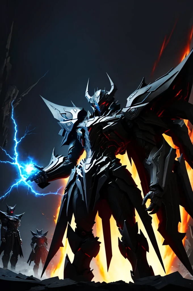 An anime-style image depicting the dark and menacing organization known as the Shadow Order. The scene includes the organization's leader, Omega Black, dressed in black armor with a sinister presence, standing at the center. Surrounding him are the Four Heavenly Kings: Flame Roar (manipulating fire), Glacia (manipulating ice), Thunder Crush (manipulating lightning), and Dark Shadow (manipulating darkness). The background features a dark, futuristic lair with advanced technology and a foreboding atmosphere, filled with minions in black combat suits. The art style should be vibrant and colorful, with exaggerated anime features such as large expressive eyes, sharp lines, and stylized action lines, creating a sense of power and menace.