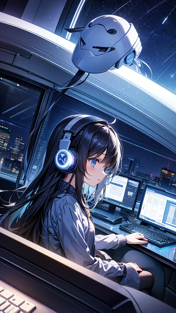 Background night sky Large windows Landscape Put the headphones on your head、Listening to music playing from a computer girl