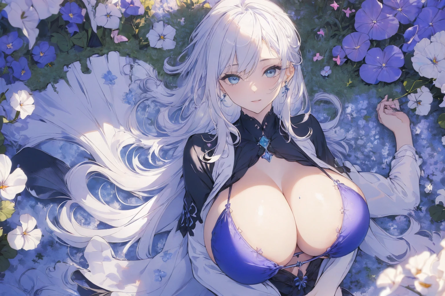 (micro bikini photo:1.1, gigantic breast, in blue waterfront garden:1.5), Masterpiece, best quality, (very detailed CG unity 8k wallpaper), (best quality), High definition RAW color art, Animation,sculptures, (black Marble Skin), (((Ultra detailed elegant))), Magical atmosphere, Detailed skin, Texture,(Intricately detailed, Fine detail, ultra-detail art), depth of fields, bokeh, Silky Touch, Hyper Detail, beautiful eyes, Elegant Face, (lying on pastel white waterfront, morning glory), sparkle background, enormous breast:1.3, (silver hair), pastel purple, embarrassing smiley face, wide open udder, overall