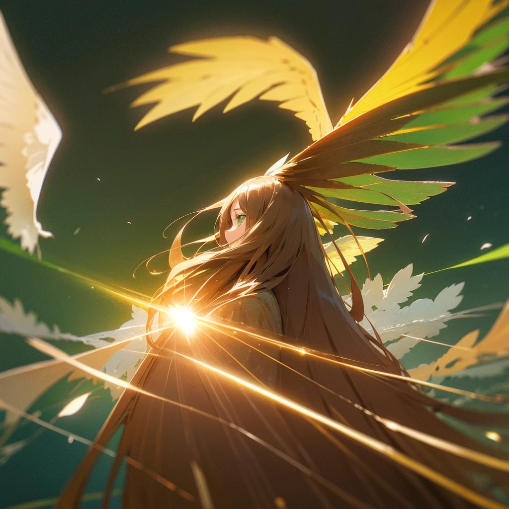 brown hair, long hair, straight hair, kawaii, anime, Cute, hyper quality, highly detailed, full body, 16k, green eyes, wings on the back of body, one girl, nature background, light effects, one brown bird, highlight, flower garden, garden, Front facing, sky, wonderland, fairy tail, Fantastic, Clarity