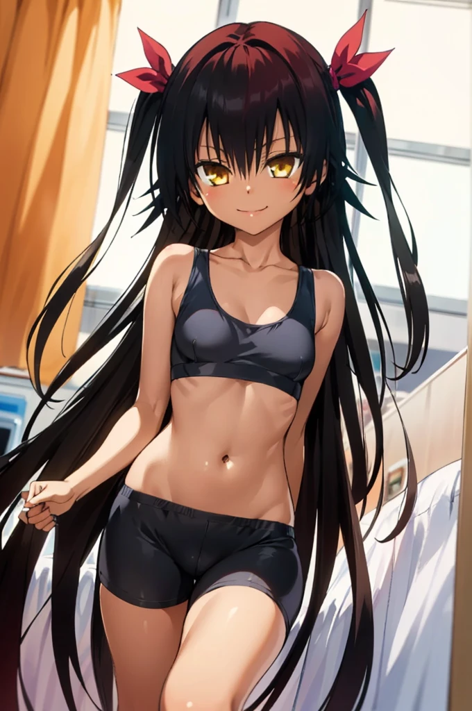 1girl, aster nemesis, dark-skinned female, black hair, very long hair, yellow eyes, flat chests , twin tails, looking at viewer, , smile,,my room,,,,8yo,sports bra,bike shorts