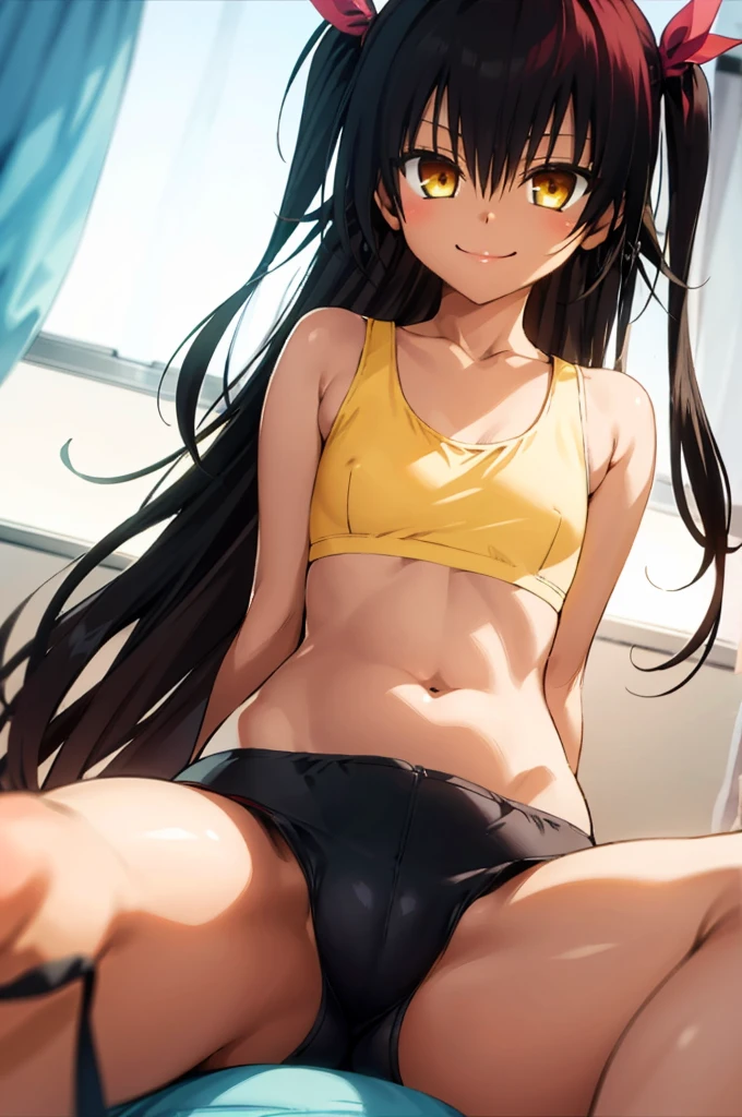 1girl, aster nemesis, dark-skinned female, black hair, very long hair, yellow eyes, flat chests , twin tails, looking at viewer, , smile,,my room,,,,,sports bra,bike shorts