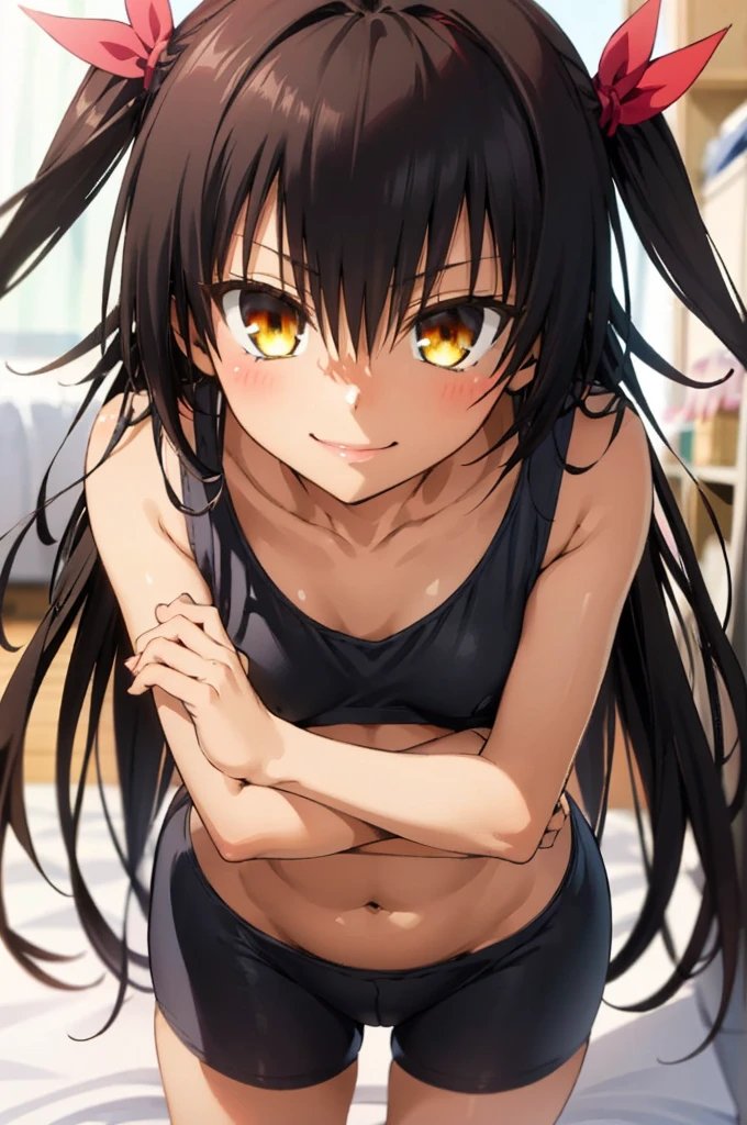 1girl, aster nemesis, dark-skinned female, black hair, very long hair, yellow eyes, small breasts , twin tails, looking at viewer, , smile,,my room,,,,8yo,sports bra,leaning forward