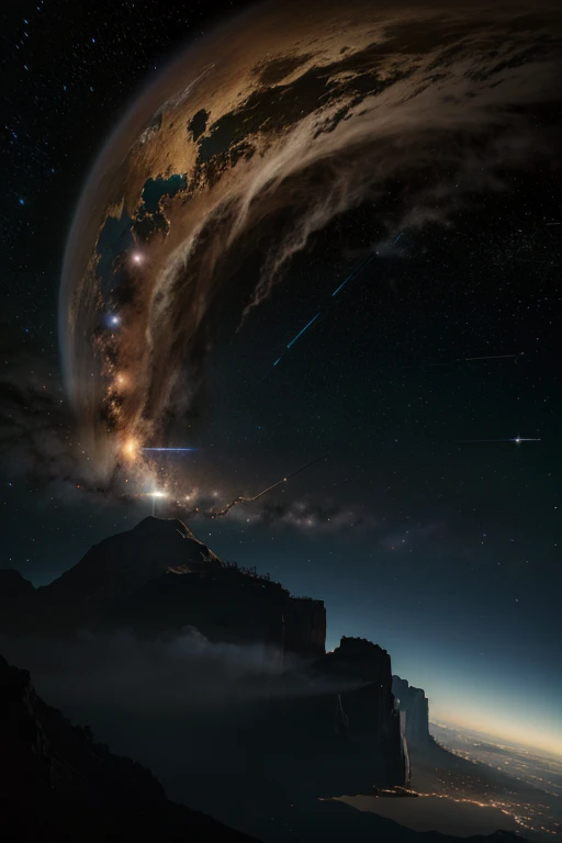 "The creation of the heavens and the earth at the beginning of time, with a majestic God watching."