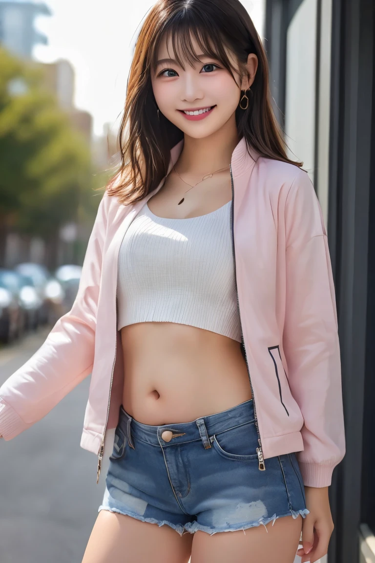 Highest quality, (beautiful)、Jacket、Soft 、smile、Belly button、Shorts