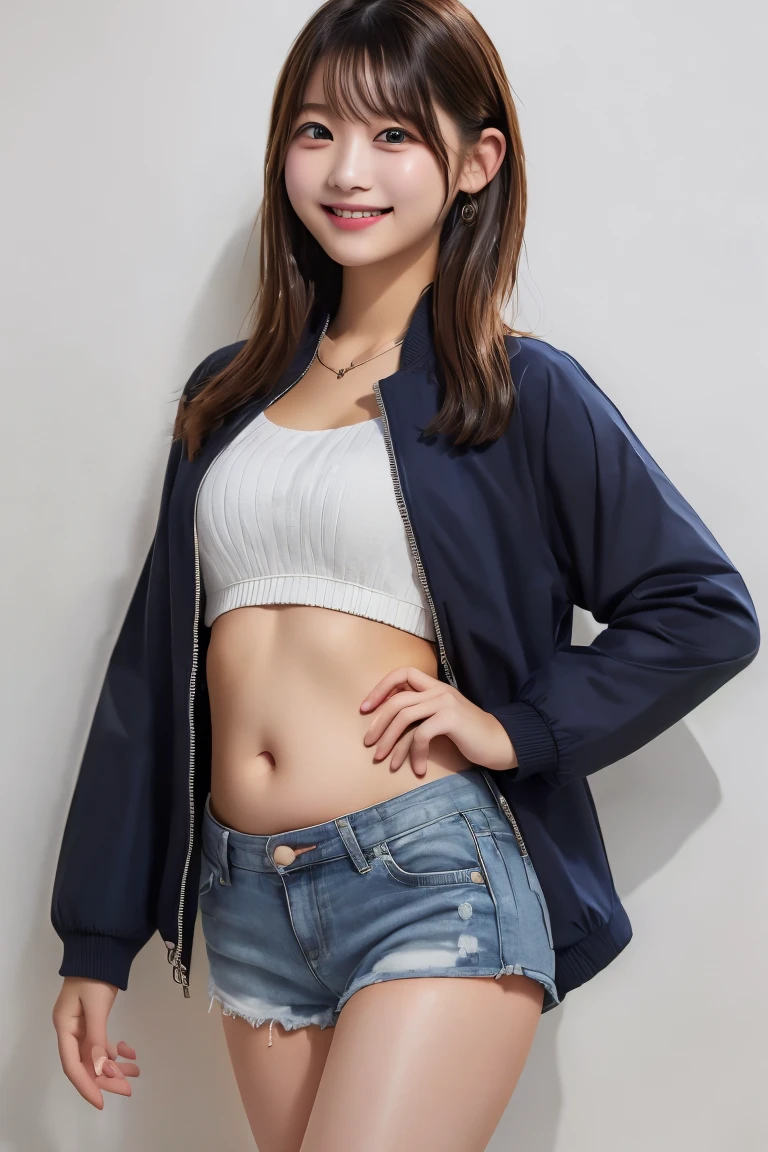 Highest quality, (beautiful)、Jacket、Soft 、smile、Belly button、Shorts