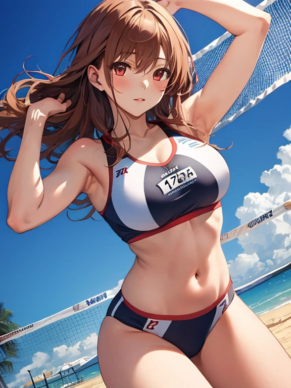 Beach Volleyball, (masterpiece), highest quality, Misaka Mikoto, 1girl, uhd, retina, masterpiece, ccurate, anatomically correct, textured skin, super detail, high details, high quality, best quality, highres, 4K