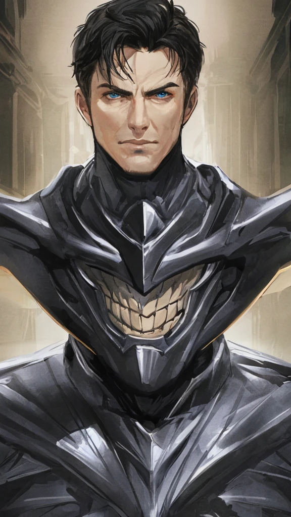 John Barrowman, male supervillain, black hair, blue eyes, smirk, white skin, sexy, (best quality,4k,8k,highres,masterpiece:1.2),ultra-detailed,(realistic,photorealistic,photo-realistic:1.37),superhero,evil,villainous,intense gaze,detailed facial features,dramatic lighting,dark and moody atmosphere,chiaroscuro,cinematic,portrait