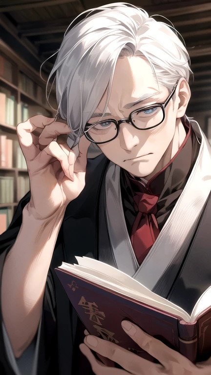 People who read books々Close up of:
Mr.々People of a certain age々が集中して本を読んでいるMr.子。The expression is calm and engrossed。Focus on the book pages and hands。