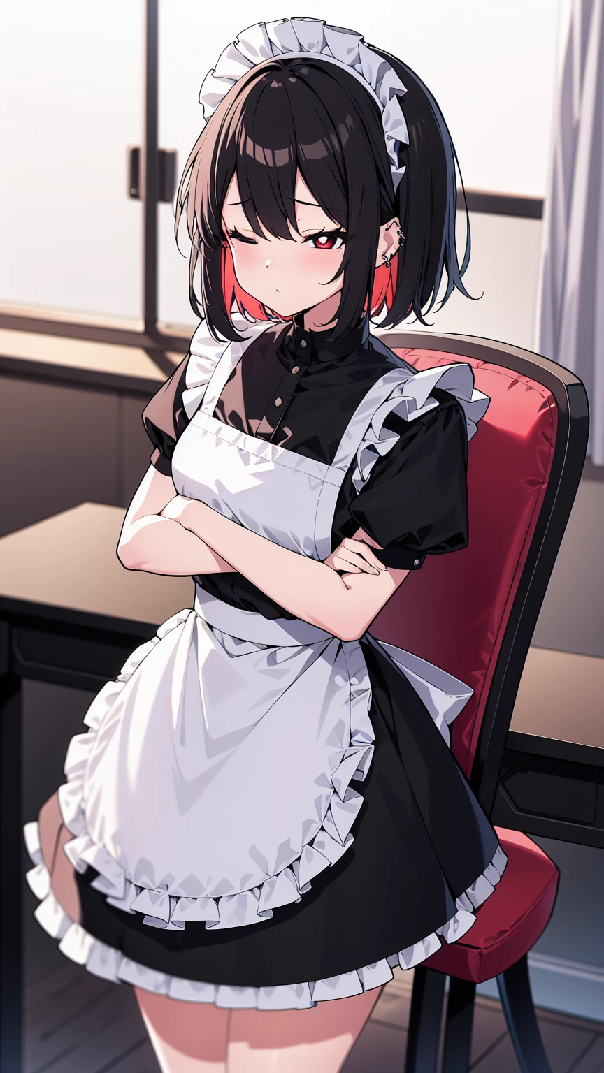 (cowboy shot),(ultra-high resolution, depth of field:1.2),Zenless Zone Zero,(Elen Joe:1.1),1woman,mature,black hair,short hair,inner color hair,(red eyes),medium breasts,crossed arms,maid dress,shark tail,maid apron,maid headdress,piercing,short sleeves,in classroom,sitting,sleepy,closed eyes,sit in a chair