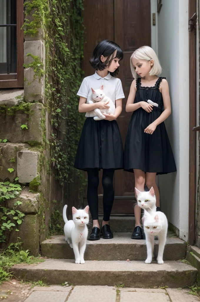 Two girls playing with cats in bedroom,Glasses,Two girls and a cat,slumber party,A smile,{{Best Quality}}, {{super detailed}},Downturned eyes,G Cup Breasts,drooping eyes ,Cute girl with black bob cut hairstyle and white marble glowing skin,,Cute Girl,Oval face shape ,slender,The whole body got wet,Hair got wet,bloodshot eyes,a sultry,Detailed portrait of the perfect lovely girl, slim, Face , Futuristic , Teen, kwak ji young, Dreamy, Black eyes, Cinematic lighting, Innocent, Highly detailed, Sharp Focus, Smooth, art stations, Convoluted,Ballet dancer ,awardwinning, Pure aura, Anime, Highly detailed CG Unity 8k wallpaper of girl with perfect symmetrical confident face with black mid-cut hairstyle and blushing cheeks , taken by Canon EOS, Sigma Art Lens 28mm f4, ISO 200 Shutter Speed 2000