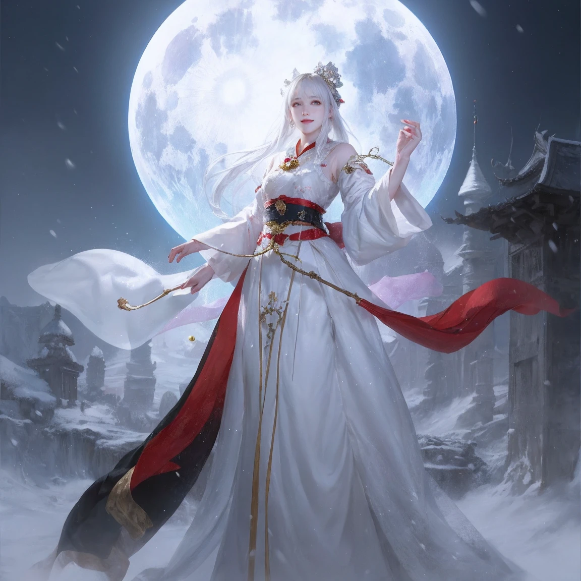 満月を背景にした白いドレスを着たSnow Woman, palace ， Girl in Hanfu, Gwaiz, White-haired God, Moon themed costume, artwork in the style of Gwaiz, White Hanfu, Gwaiz on pixiv artstation, Gwaiz on artstation pixiv, Snow Woman