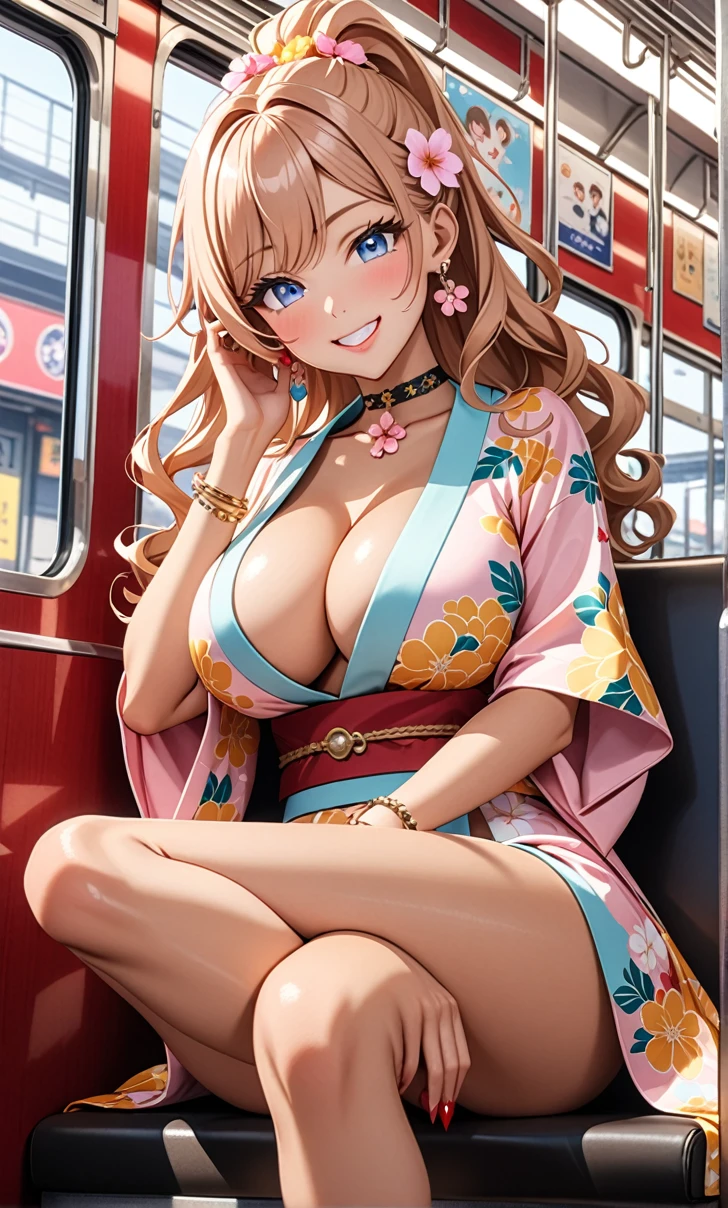ultra-detailed, ((one girl)), ((tan skin:1.3)), in pastel colors gyaru, (heavy makeup), hyper detailed, absurdres, 8K, Beautiful Face, (Laugh shyly), ((teasing smile:1.8)), ((Wink:1.7)), (Laugh with your mouth wide open),((Tilt your head:1.6)), View your viewers, ((Bright red cheeks:1.6)),Glossy Red Lips, ((Big Breasts:1.5)), (show off breast), noon, on the train, (Brighten your face), ((Anime style background)),masterpiece, Highest quality, so beautiful,Latest, Complex details, (Pink long nails), (nail art), (ring),(bracelet), (Floral Choker),AI-generated, Complex,High resolution, Highest quality, super high quality,3D Images、3D Images,One person, (Yellow long hair), (High Ponytail), (wavy hair:1.3), Pastel anime woman posing for a photo, ((Fine grain、blue eyes、glowing eyes:1.4)), (Squint your eyes:1.1),a hyperRealistic , hyperRealistic , Realistic,Long yellow anime woman, Smooth anime CG art, A girl in a gorgeous pastel-colored kimono, ((Pastel-colored furisode)),(Pink large floral pattern) ,Long flower hair ornament,Floral Earrings,Mature Body, tall,Narrow waist, ((Sit in your seat:1.3)), ((Crossing your legs:1.4)), ((Shooting from below at an angle)),