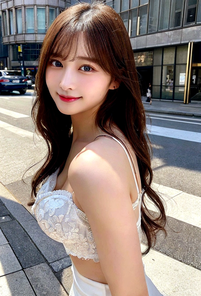 Best Quality, Ultra-detailed, finely detail, hight resolution, 8K Wallpaper, Perfect dynamic composition, Beautiful detailed eyes, doress,Medium Hair, Big breasts, Natural Color Lip, Random and sexy poses,Smile,Aoyama Street Walk、A 24-year-old girl