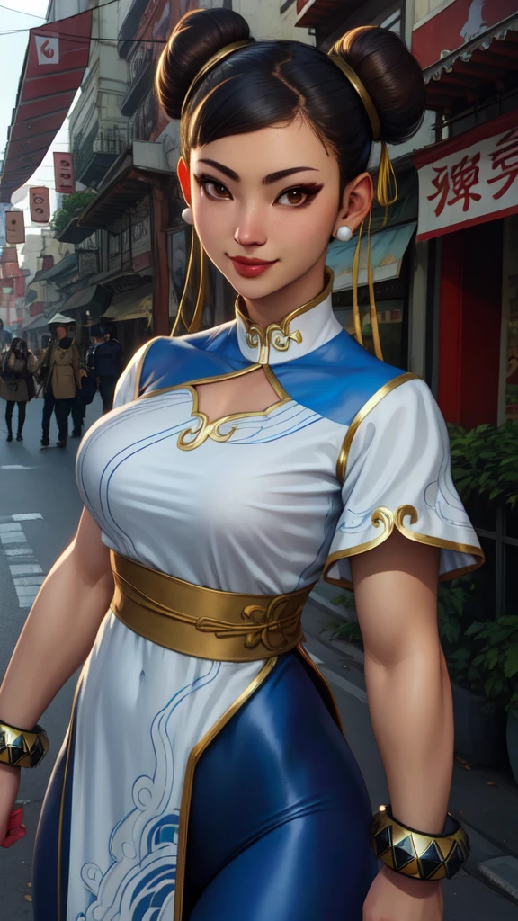 chun li usando un babdoll, double bun,  black hair, brown eyes,  
chinese clothes, spiked bracelet, bun cover, earrings , 
standing, upper body, tetona, con cintura delgada, enorme trasero, smile,  sash, 
chinatown,  police station,  morning, 
(insanely detailed, beautiful detailed face, beautiful detailed eyes, masterpiece, best quality),solo,  