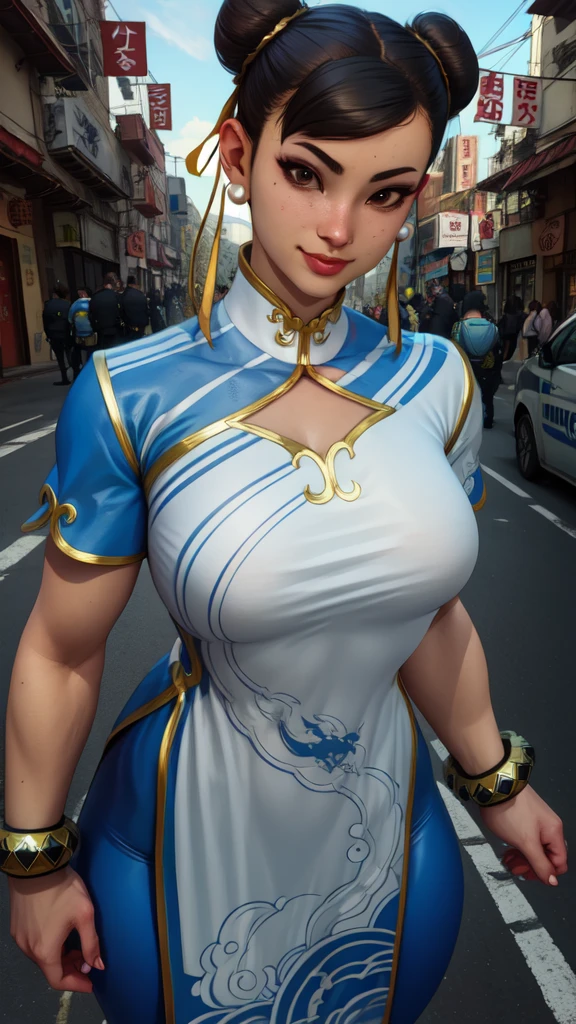 chun li usando un babdoll, double bun,  black hair, brown eyes,  
chinese clothes, spiked bracelet, bun cover, earrings , 
standing, upper body, tetona, con cintura delgada, enorme trasero, smile,  sash, 
chinatown,  police station,  morning, 
(insanely detailed, beautiful detailed face, beautiful detailed eyes, masterpiece, best quality),solo,  