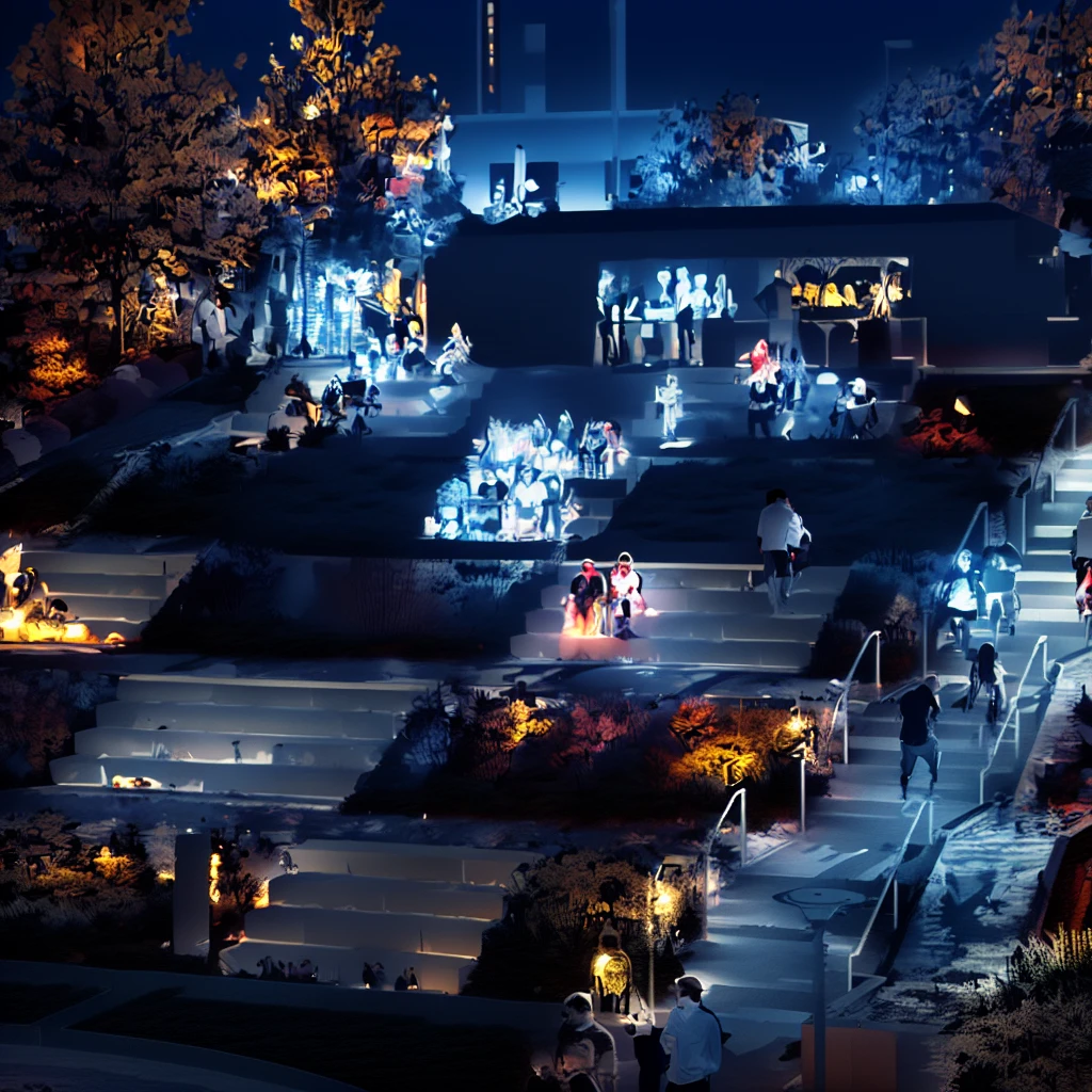 People walking in the park，In the background is a clock tower, People enjoying the performance, an outdoor festival stage, Parks and public spaces, Summer environment, A lot of people, photo courtesy museum of art, evening, Absolutely outstanding image, Artist unknown, Instagram photos, 夏日的evening, Filmed in the early 2020s, evening黄昏