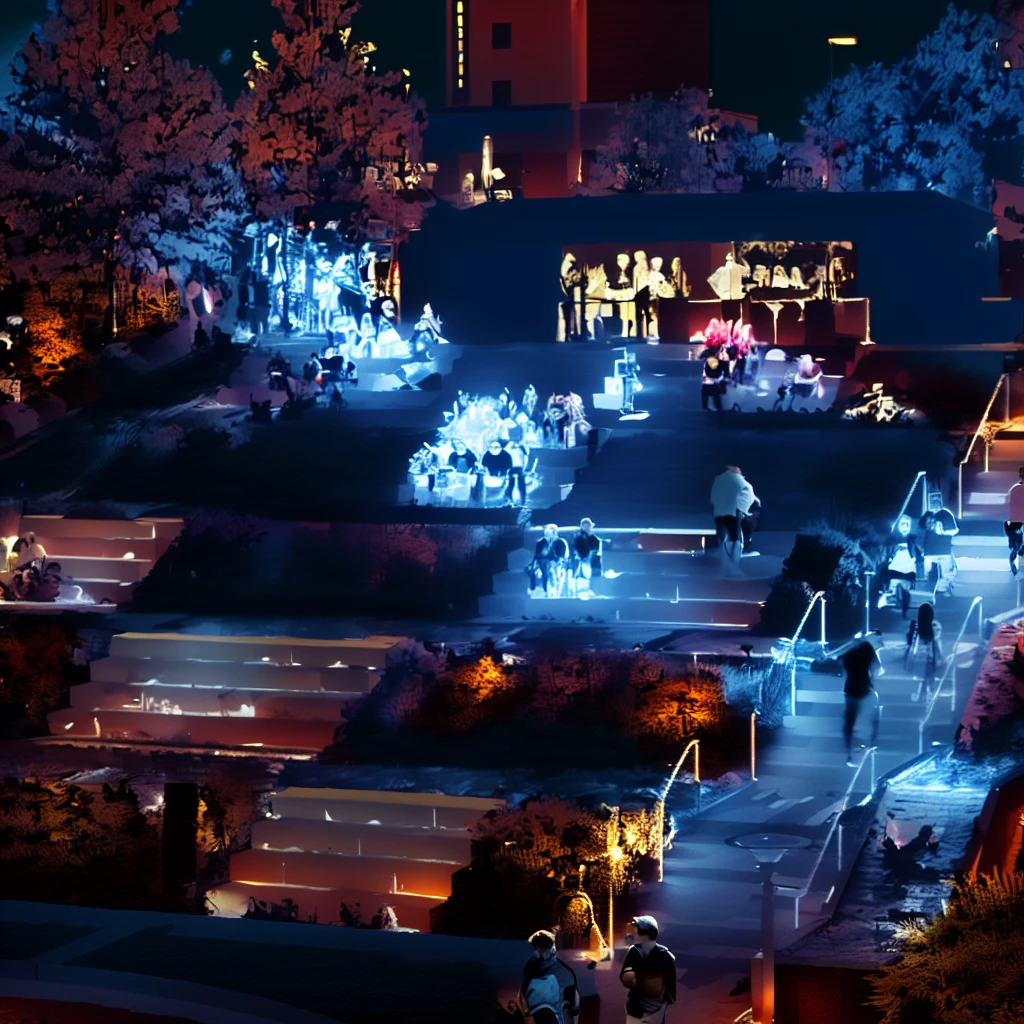 People walking in the park，In the background is a clock tower, People enjoying the performance, an outdoor festival stage, Parks and public spaces, Summer environment, A lot of people, photo courtesy museum of art, evening, Absolutely outstanding image, Artist unknown, Instagram photos, 夏日的evening, Filmed in the early 2020s, evening黄昏