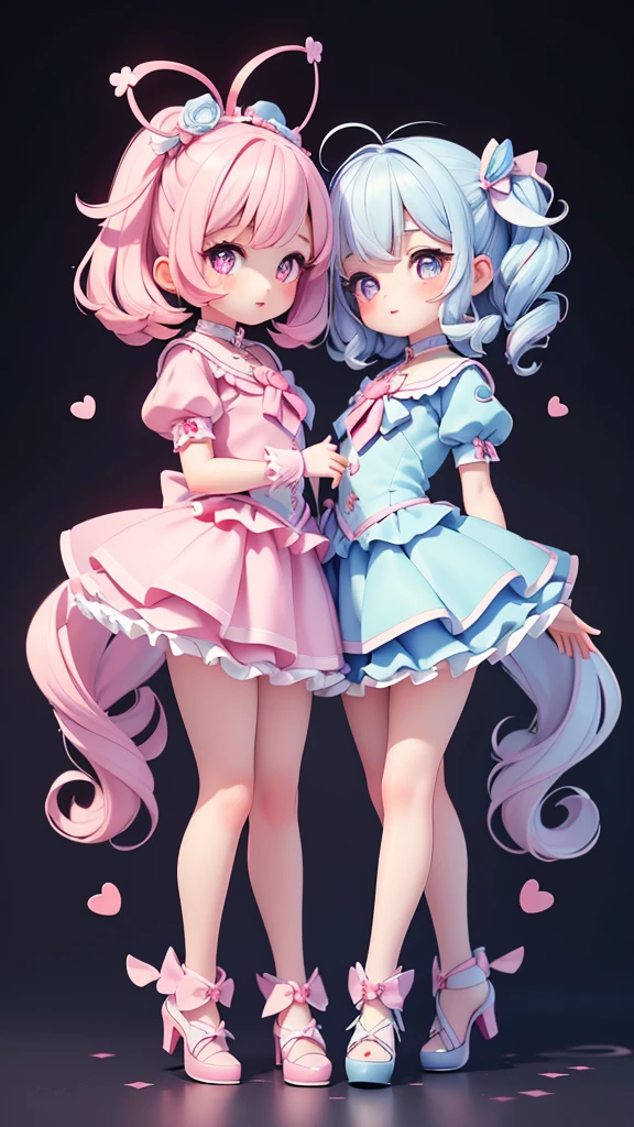 ((petite bishojo, little 2girls)), ((cute face)), ((heart shaped pupils)), ((masterpiece)), ((best quality)), ((ultra detailed)), ((exquisite)), ((depth)), ((crisp)), ((8k)), ((beautiful and aesthetic)), ((super detailed skin)), ((high standard)), ((highres)), ((perfect anatomy)), (full body), (blush), (lipstick), (magical girl), (kawaii pose), (white, blue, black)