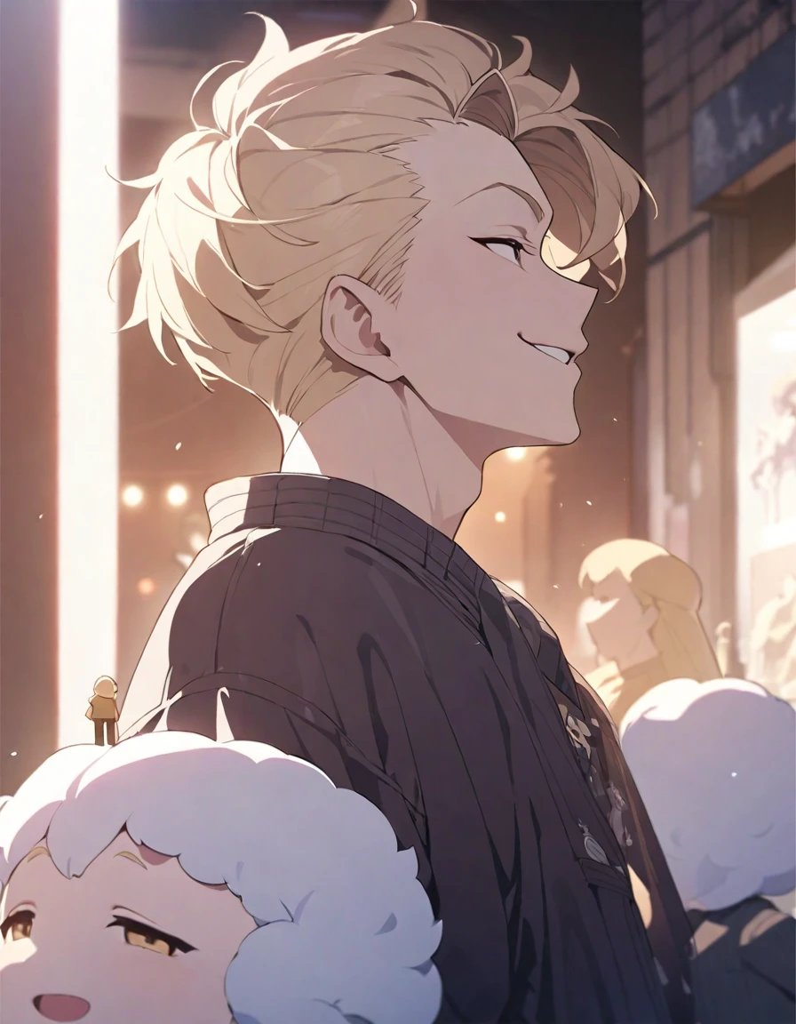 masterpiece，Highest quality，Super detailed，figure，Delicate and detailed，Intricate details，Cinematic Light，Highest qualityのバックライト，1 male, Short fluffy blonde hair, head tilted back, smile, Handsome, Open your mouth, Smug eyes, cool illustration, Street style clothing, birthday,Stuffing cake into one&#39;s mouth

