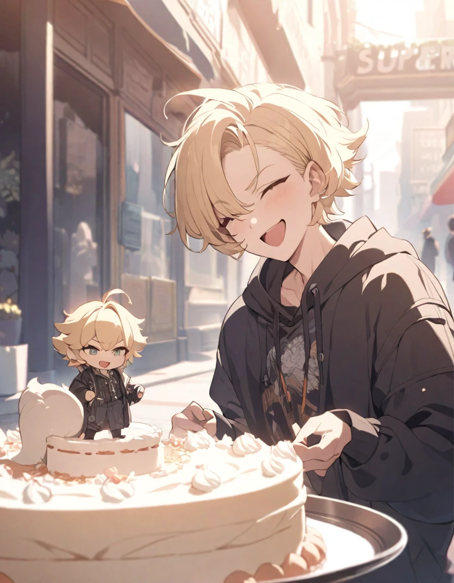 masterpiece，Highest quality，Super detailed，figure，Delicate and detailed，Intricate details，Cinematic Light，Highest qualityのバックライト，1 male, Short fluffy blonde hair, head tilted back, smile, Handsome, Open your mouth, Smug eyes, cool illustration, Street style clothing, birthday,Stuffing cake into one&#39;s mouth

