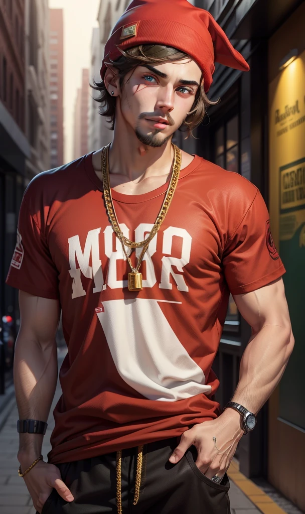 young rapper man, short black hair, Caucasian skin, with red t-shirt, with a gold chain of green eyes, blond mustache and low blond goatee with a red beanie