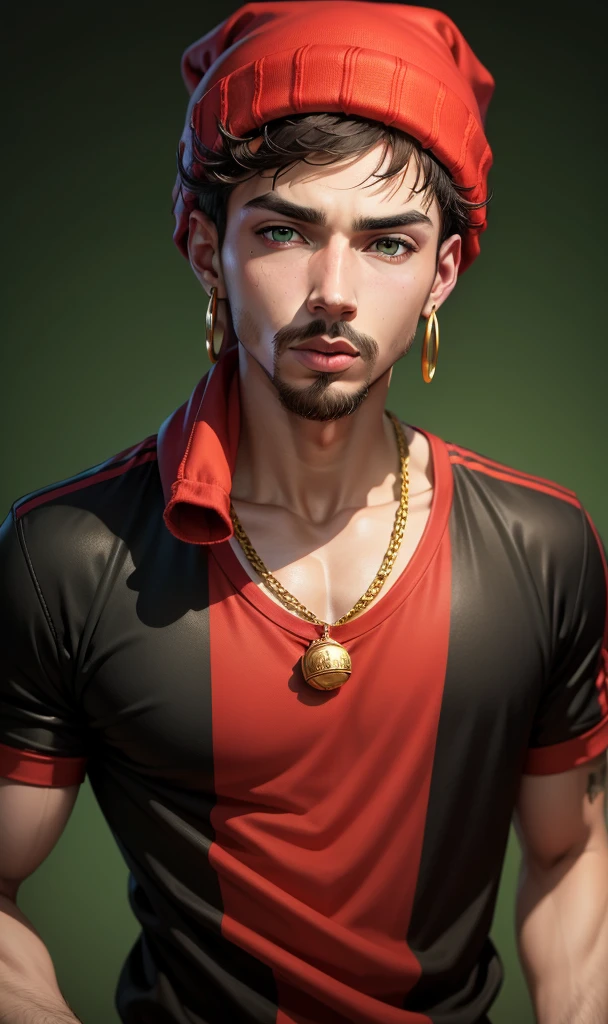young rapper man, short black hair, Caucasian skin, with red t-shirt, with a gold chain of green eyes, blond mustache and low blond goatee with a red beanie