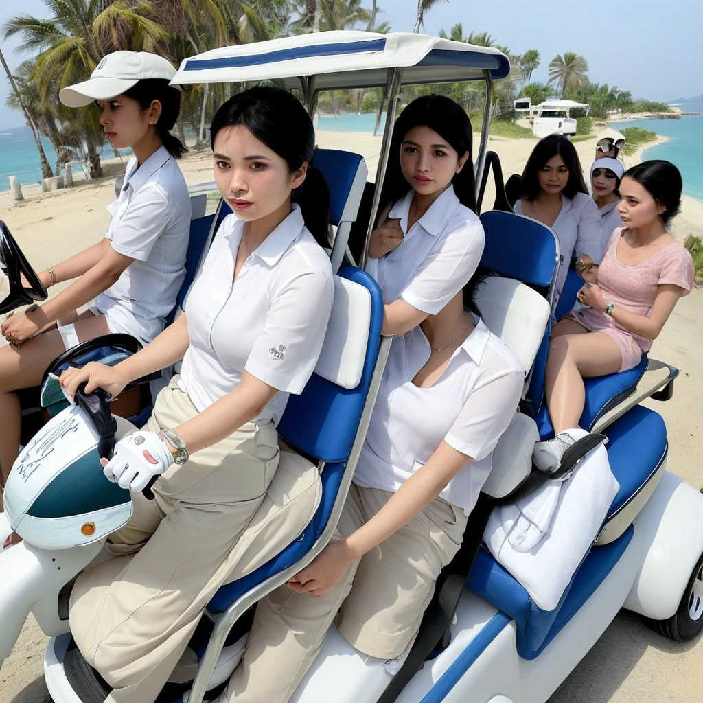 A Thai woman wearing a white shirt and blue trousers was driving a golf cart along the road with six Arab female guests happily riding in it. The background is the sea.